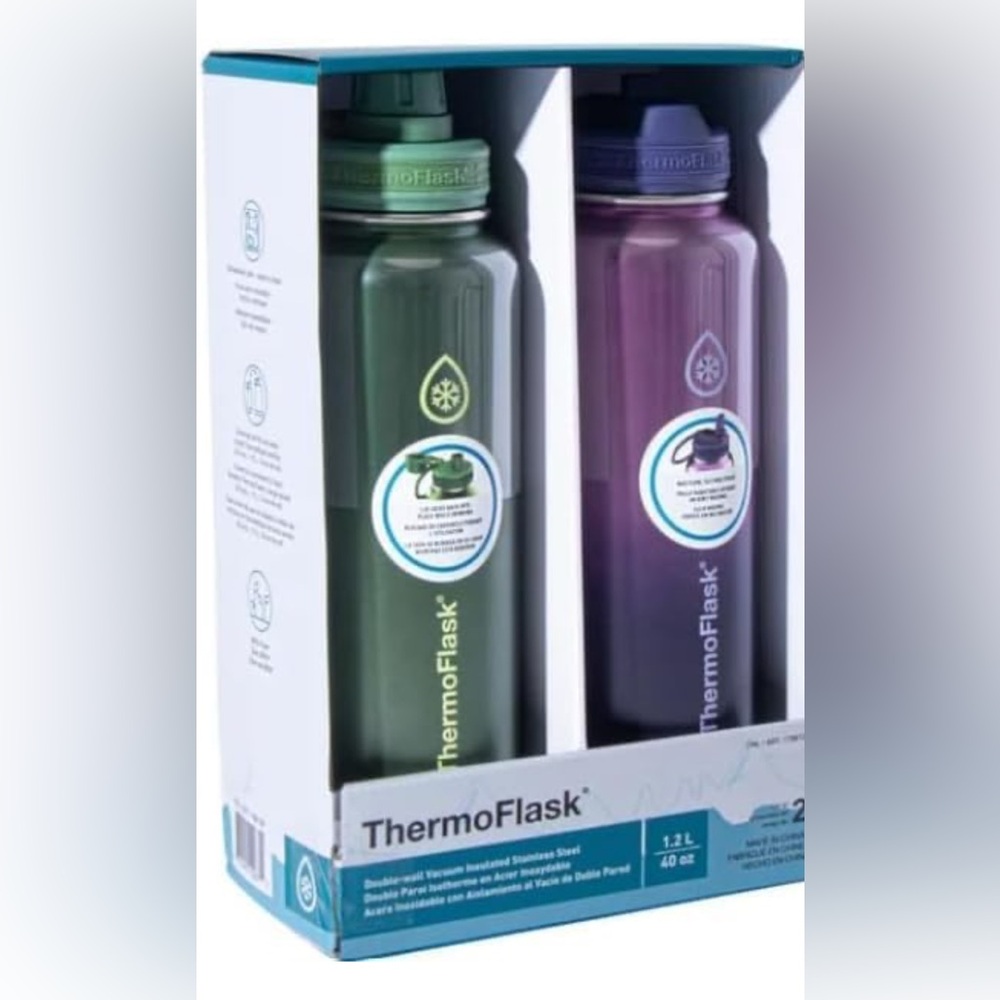 ThermoFlask Insulated Water Bottle Set - Green and Purple